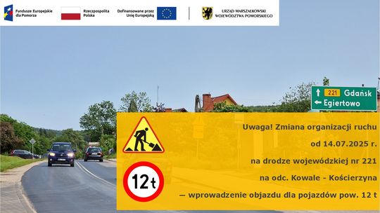 Od 14 lipca tymczasowa zmiana organizacji ruchu na drodze z Kowala do Kościerzyny – objazdy dla pojazdów powyżej 12 ton