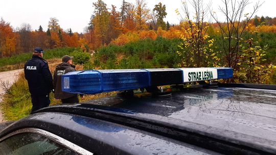 Policjanci i Straż Leśna podczas wspólnego patrolu lasu w ramach akcji „Stroisz” w powiecie kościerskim.