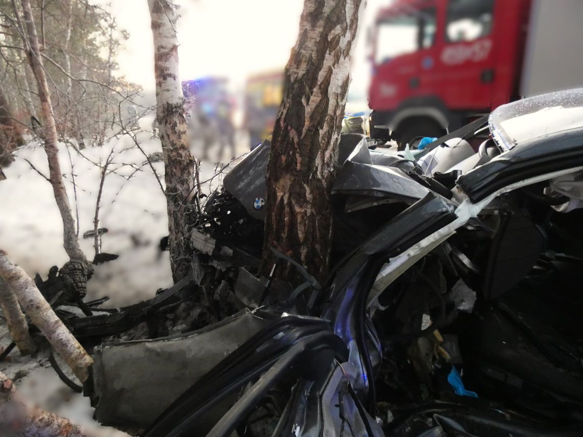 Groźny wypadek na trasie Nowa Kiszewa–Dębogóry. BMW uderzyło w drzewo