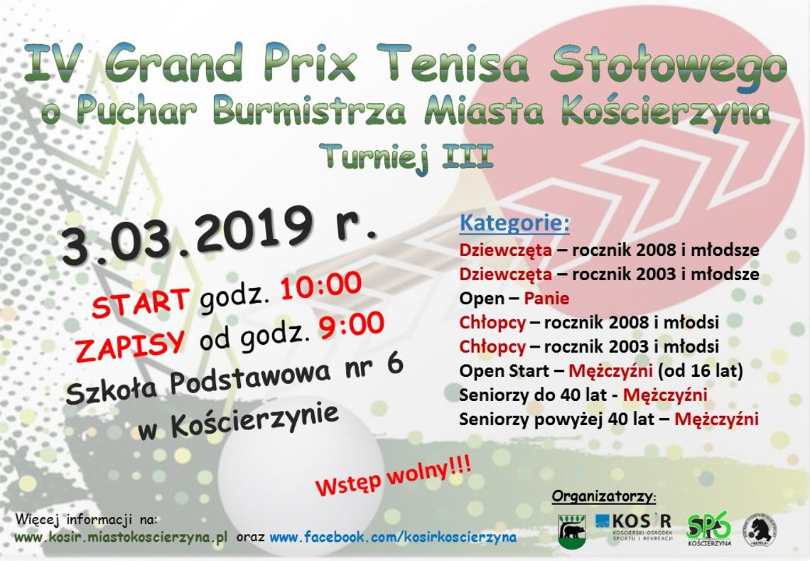 IV Grand Prix Tenisa Stołowego o Puchar Burmistrza Miasta Kościerzyna – turniej 3